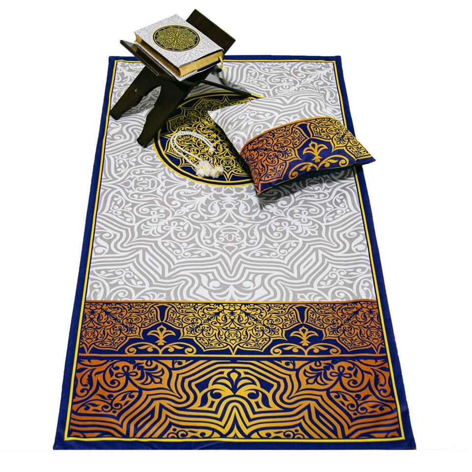 Golden Blue Delux Special Prayer Mat Set Gift | Quran | Sajadah | Pillowcase | Islamic Gift | Personalized Gift | Tasbeeh Sejadah Set