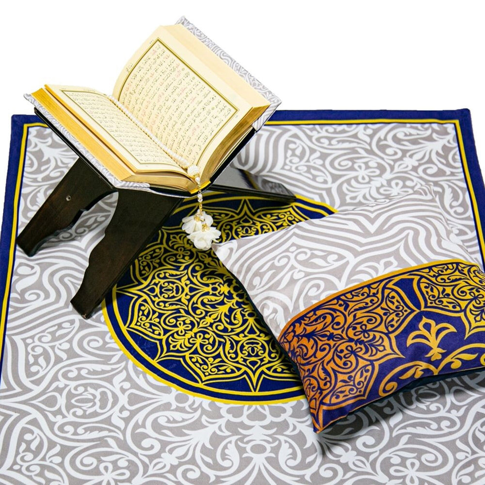 Golden Blue Delux Special Prayer Mat Set Gift | Quran | Sajadah | Pillowcase | Islamic Gift | Personalized Gift | Tasbeeh Sejadah Set