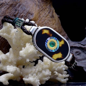 Evil Eye Bead Tortoise Shell Genuine Leather Silver Bracelet, Bangle Bracelet, Islamic Art, Mens Bracelet, Ideal gift, Gifts For Him