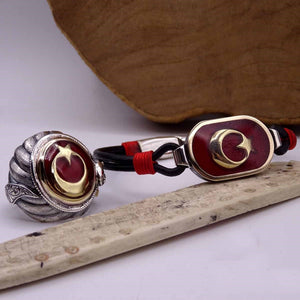 Sultanate Turkish Flag Silver Bracelet and Ring Set, Sterling Silver, Silver Jewelry for Men, Silver Bracelet, Gift for Him, Ramadan Gift