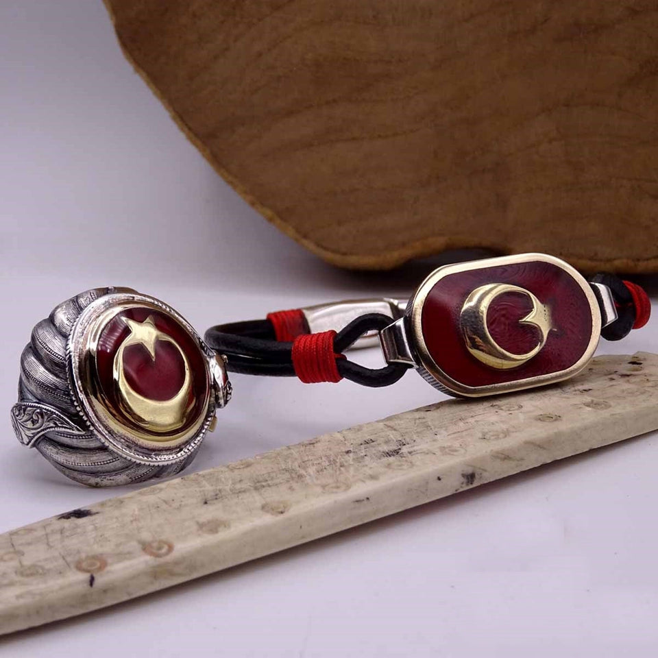 Sultanate Turkish Flag Silver Bracelet and Ring Set, Sterling Silver, Silver Jewelry for Men, Silver Bracelet, Gift for Him, Ramadan Gift