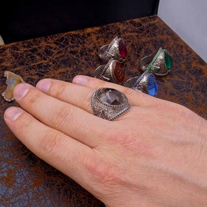 Rokerige zwarte zilveren ring met halfedelstenen, ideaal cadeau, sieraden cadeau, cadeau voor haar, sterling zilveren ring, bruid geschenken, cadeau voor bruid