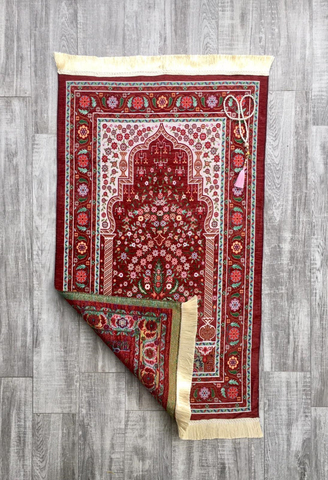Little Flowers Prayer Mat, Red Prayer Mat with Tasbeeh, Prayer Rug, Muslim Janamaz, Namaz Rug, Musallah, Islamic Gift
