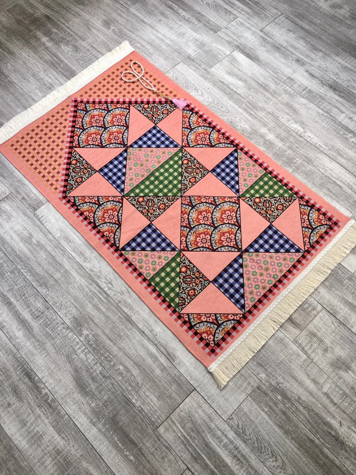 Pink Patch Work Sejadah, Rawdah Inspired Lux Prayer Mat,  Prophet's Mosque Prayer Rug, Alrawda Janamaz, Rawda, Unique Islamic Gift
