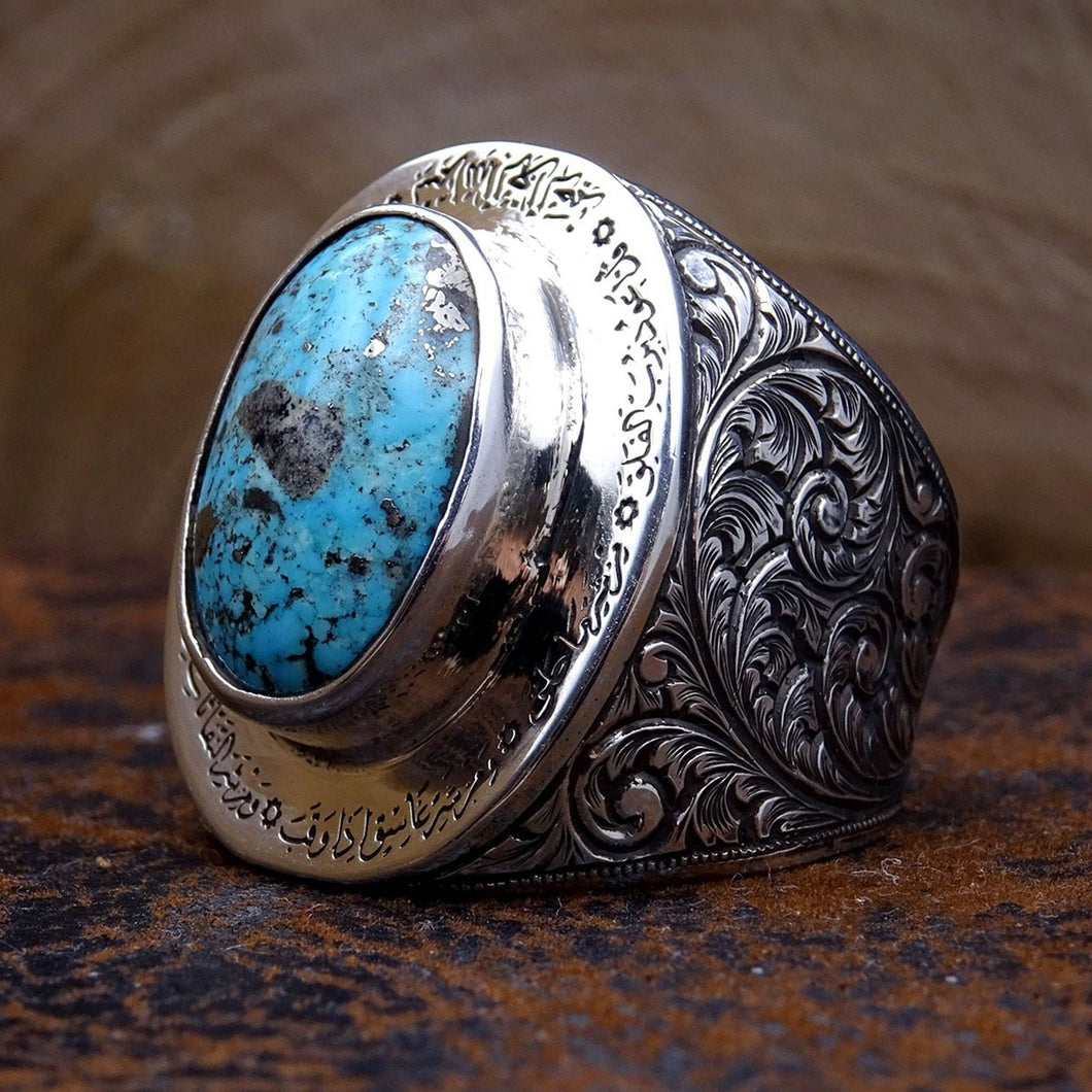 Blue Turquoise Stone Silver Ring | Gift For Him | Custom Ring | Gift For Him | Ottoman | 925 Sterling Silver | Groom Gifts