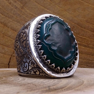 Green Agate Stone Silver Ring | Gift For Him | Custom Ring | Gift For Him | Ottoman | 925 Sterling Silver | Groom Gifts