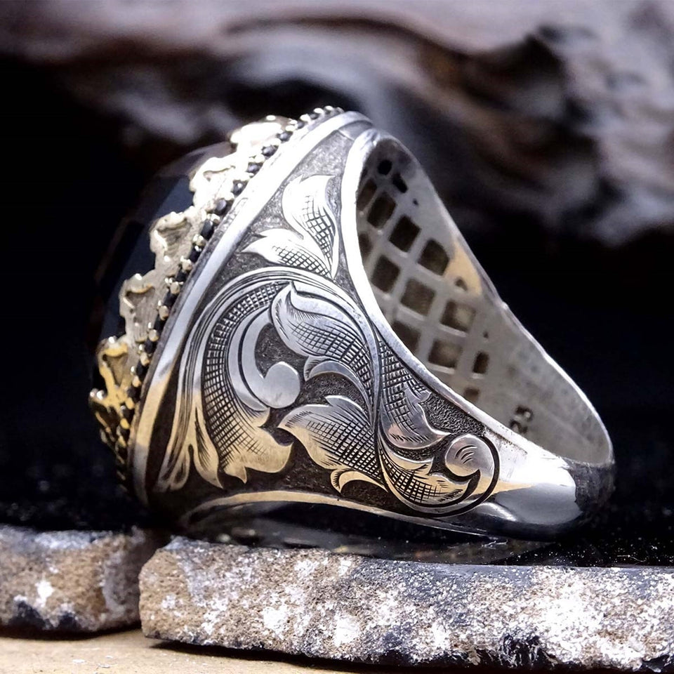 Zwarte Agaat Zilveren Ring | Cadeau voor haar | Aangepaste ring | Cadeau voor hem | Ottomaanse | 925 Sterling Zilver | Kegelringen | Bruid Geschenken