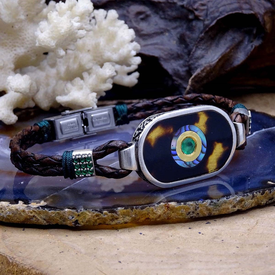 Evil Eye Bead Tortoise Shell Genuine Leather Silver Bracelet, Bangle Bracelet, Islamic Art, Mens Bracelet, Ideal gift, Gifts For Him