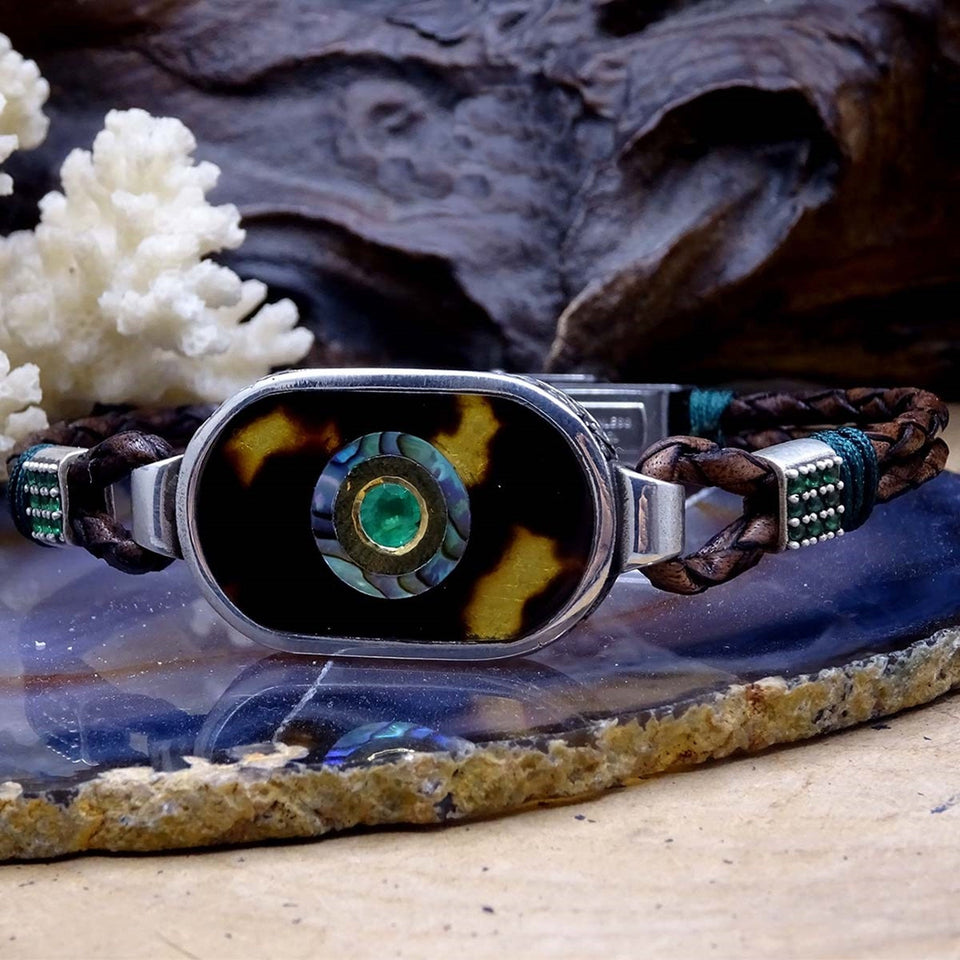 Evil Eye Bead Tortoise Shell Genuine Leather Silver Bracelet, Bangle Bracelet, Islamic Art, Mens Bracelet, Ideal gift, Gifts For Him