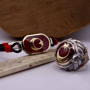 Sultanate Turkish Flag Silver Bracelet and Ring Set, Sterling Silver, Silver Jewelry for Men, Silver Bracelet, Gift for Him, Ramadan Gift