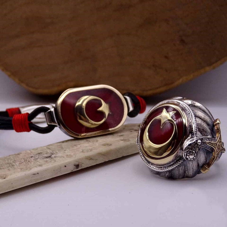 Sultanate Turkish Flag Silver Bracelet and Ring Set, Sterling Silver, Silver Jewelry for Men, Silver Bracelet, Gift for Him, Ramadan Gift