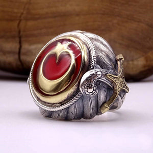 Sultanate Turkish Flag Silver Bracelet and Ring Set, Sterling Silver, Silver Jewelry for Men, Silver Bracelet, Gift for Him, Ramadan Gift