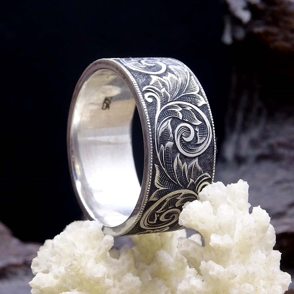 Handmade Original Pen Work Silver Ring, Plain Wedding Ring, Wedding Ring for Him - Silver Anniversary Gift - Wedding Gift - Dainty Ring