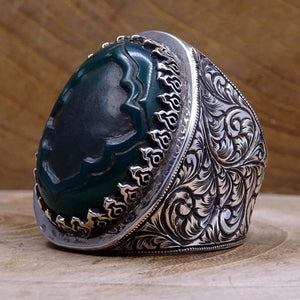 Green Agate Stone Silver Ring | Gift For Him | Custom Ring | Gift For Him | Ottoman | 925 Sterling Silver | Groom Gifts