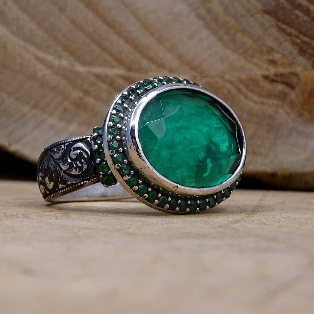 Green Stone Sterling Silver Ring | Handmade Womens Ring | Signet Ring | Gemstone Ring | Gift for Her | Diamond Cut Ring | Dainty Ring