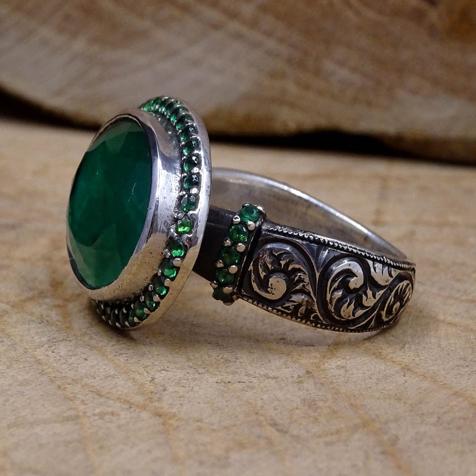 Green Stone Sterling Silver Ring | Handmade Womens Ring | Signet Ring