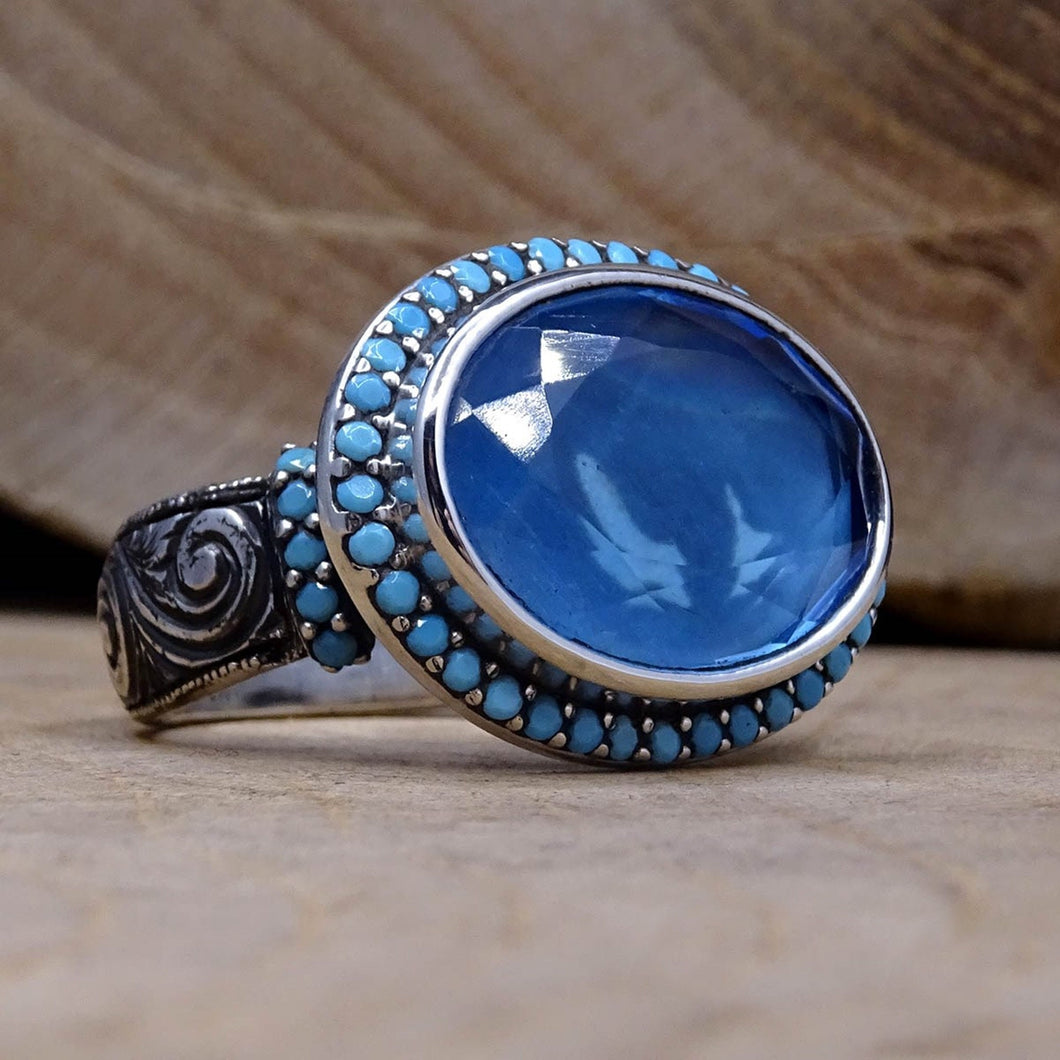 Blue Topaz Stone Sterling Silver Ring | Handmade Women Ring | Signet Ring | Gemstone Ring | Gift for Her | Diamond Cut Ring | Dainty Ring