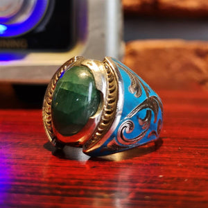 Green Stone Enameled Sterling Silver Ring | Handmade Women Ring | Signet Ring | Gemstone Ring |Gift for Her | Diamond Cut Ring | Dainty Ring