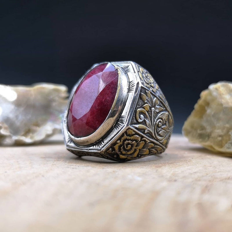 Bague Homme Argent 925 Avec Rubis Rouge Asscher Naturel 10mm - Certifiée, Fabrication Main