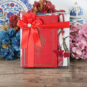 Islamic Gift Set | Luxury Prayer Rug, Tasbih, Yaseen Set | Hajj Favors | Personalized Gift | Customize Islamic Gift | Muslim Gift Set | Red