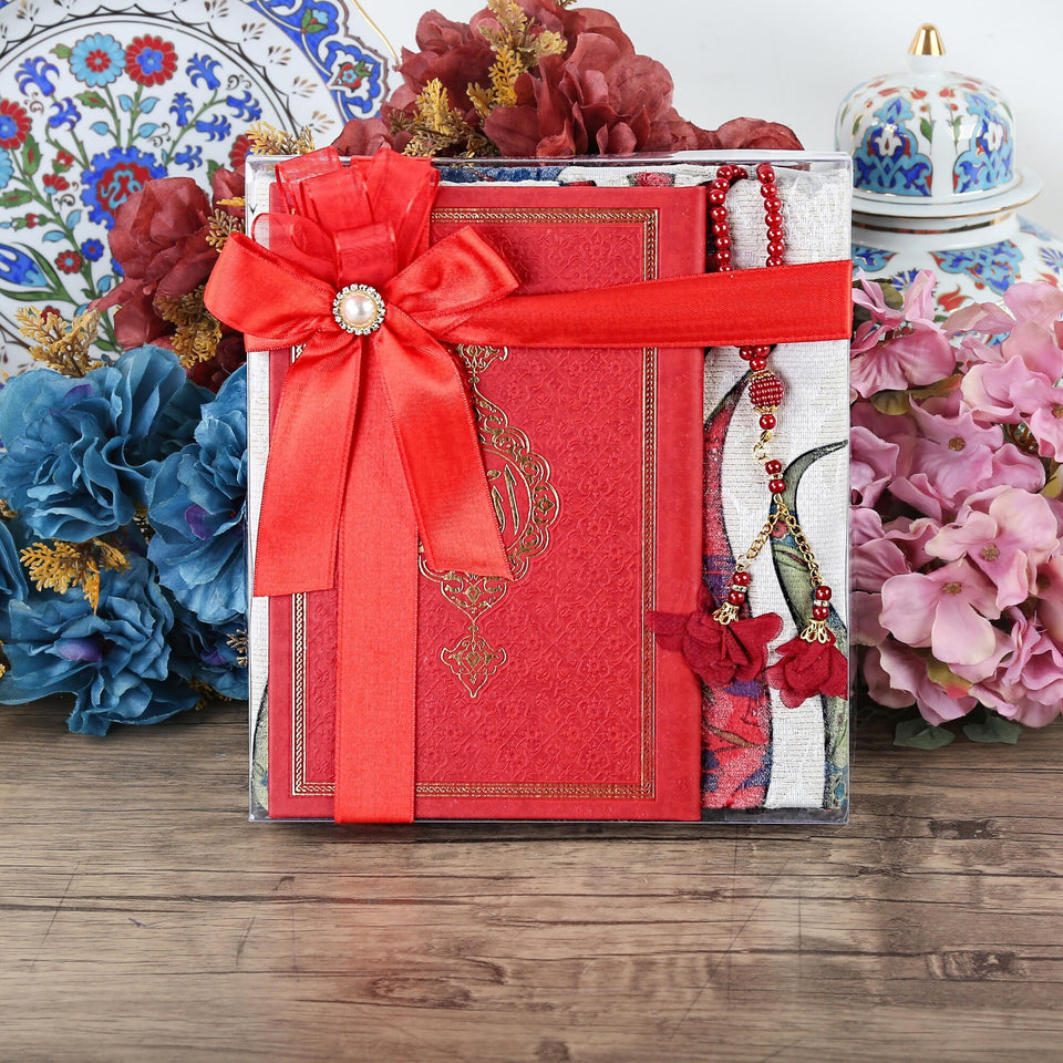 Islamic Gift Set | Luxury Prayer Rug, Tasbih, Yaseen Set | Hajj Favors | Personalized Gift | Customize Islamic Gift | Muslim Gift Set | Red