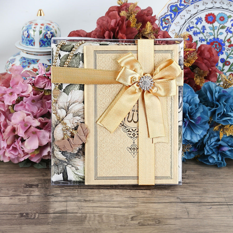 Islamic Gift Set | Luxury Prayer Rug, Tasbih, Yaseen Set | Hajj Favors | Personalized Gift | Customize Islamic Gift | Muslim Gift Set | GLD