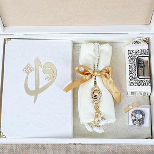 Velvet Cover Quran Special Design Wooden Gift Box | Prayer Mat | 33 Beads Crystal Tasbeeh | Shawl | Dhikrmatic | Essence | Personalized Gift