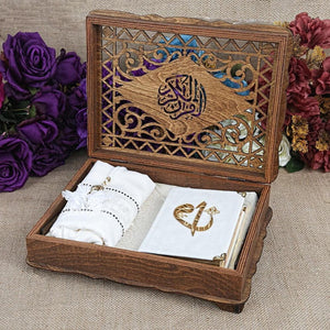 Ribbon Decorated Wooden Gift Box | Islamic Gift | Personalized Gift | Velvet Cover Quran | Prayer Mat | 99 Bead Tasbeeh | Shawl | Eid Gift