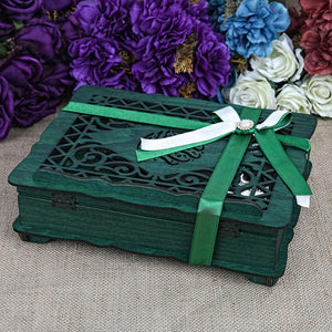 Ribbon Decorated Green Wooden Gift Box | Islamic Gift | Personalized Gift | Velvet Cover Quran | Essence | 33 Bead Tasbeeh | Shawl |Eid Gift