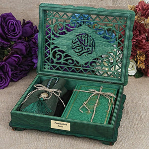 Ribbon Decorated Green Wooden Gift Box | Islamic Gift | Personalized Gift | Thermo Leather Quran | 99 Bead Tasbeeh | Shawl | Eid Gift