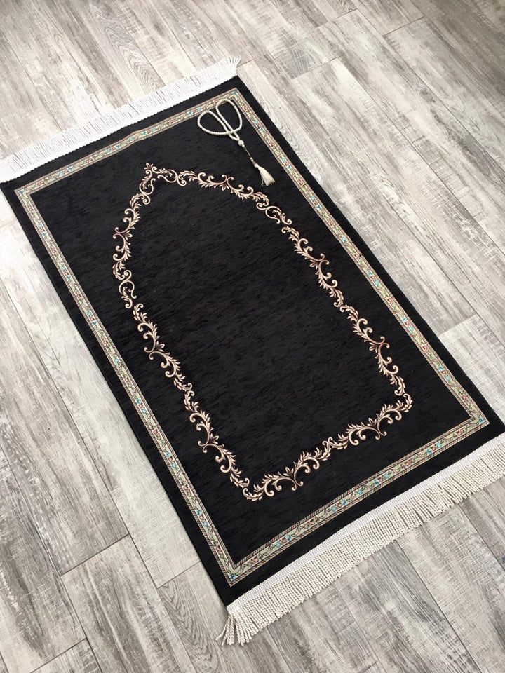 Premium Black Prayer Mat, Islamic Gift Set, Personalised Prayer Mat, Prayer Rug and Tasbih, Muslim Janamaz, Islamic Gift