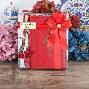 Islamic Gift Set | Luxury Prayer Rug, Tasbih, Yaseen Set | Hajj Favors | Personalized Gift | Customize Islamic Gift | Muslim Gift Set | Red