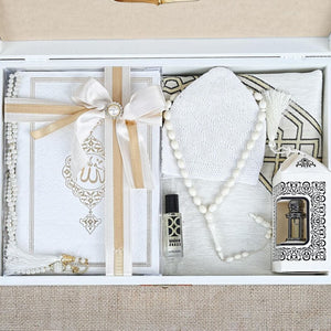 White Special Design Wooden Gift Box | Prayer Mat | 33 Beads Tasbeeh | Essence | Personalized Gift | Taqiyyah | Ribbon Decorated Yaseen Book