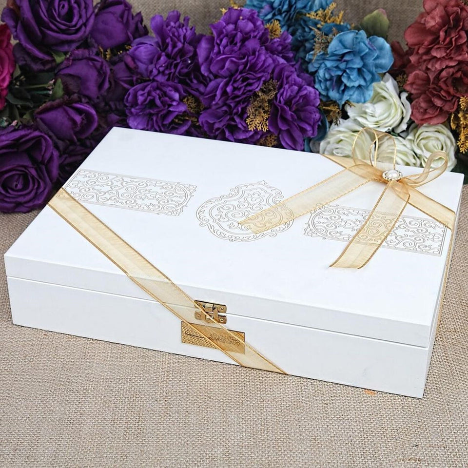 White Special Design Wooden Gift Box | Prayer Mat | 33 Beads Tasbeeh | Essence | Personalized Gift | Taqiyyah | Ribbon Decorated Yaseen Book