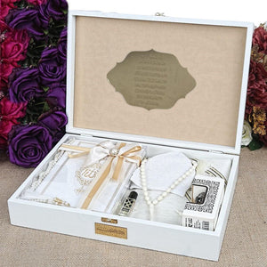 White Special Design Wooden Gift Box | Prayer Mat | 33 Beads Tasbeeh | Essence | Personalized Gift | Taqiyyah | Ribbon Decorated Yaseen Book