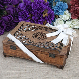 Ribbon Decorated Wooden Gift Box | Islamic Gift | Personalized Gift | Velvet Cover Quran | Prayer Mat | 99 Bead Tasbeeh | Shawl | Eid Gift