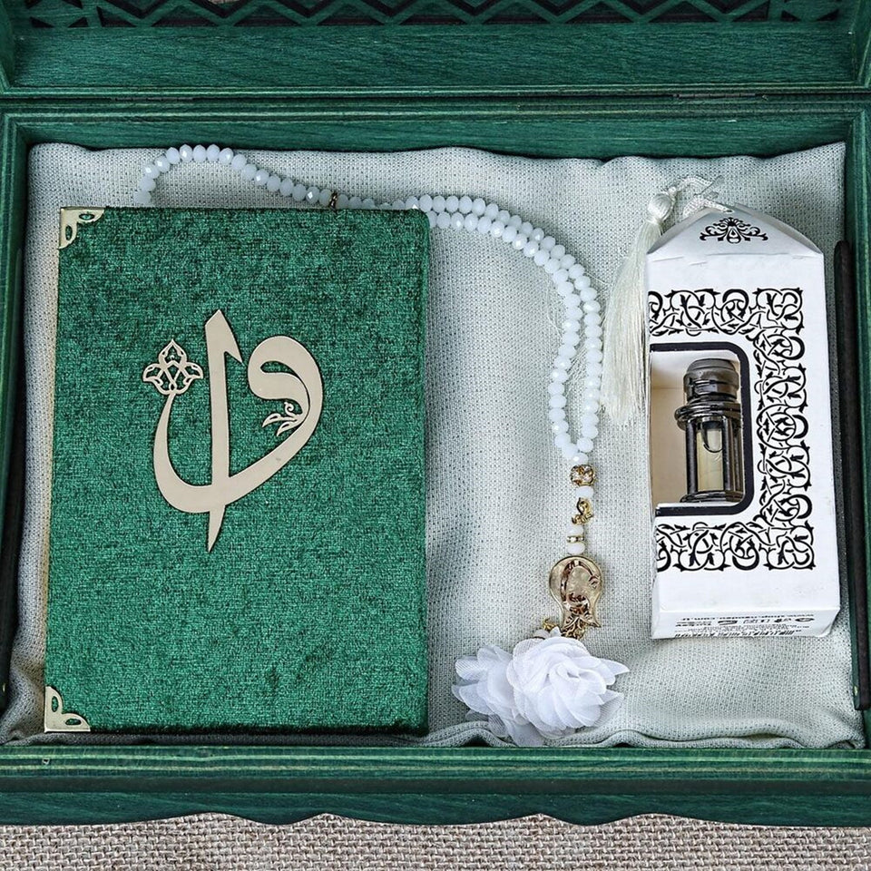 Ribbon Decorated Green Wooden Gift Box | Islamic Gift | Personalized Gift | Velvet Cover Quran | Essence | 33 Bead Tasbeeh | Shawl |Eid Gift
