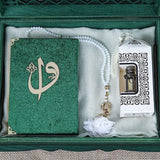 Ribbon Decorated Green Wooden Gift Box | Islamic Gift | Personalized Gift | Velvet Cover Quran | Essence | 33 Bead Tasbeeh | Shawl |Eid Gift
