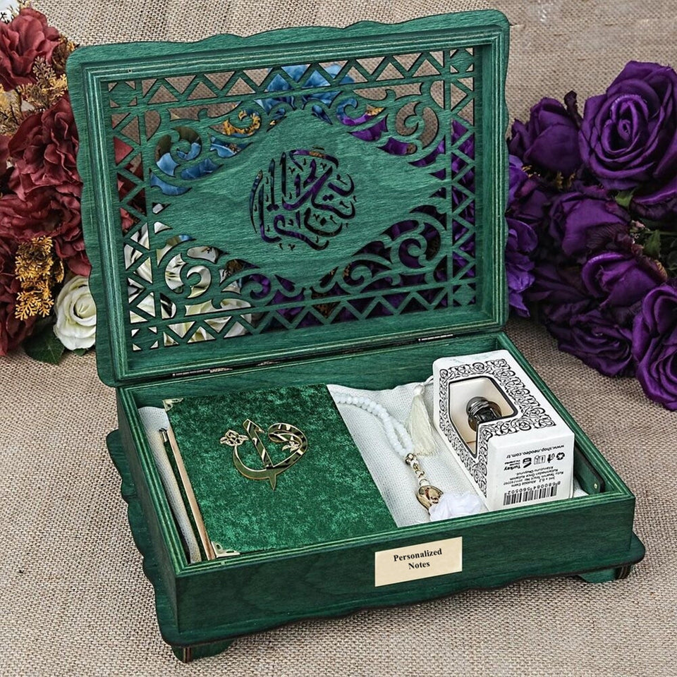 Ribbon Decorated Green Wooden Gift Box | Islamic Gift | Personalized Gift | Velvet Cover Quran | Essence | 33 Bead Tasbeeh | Shawl |Eid Gift