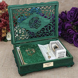 Ribbon Decorated Green Wooden Gift Box | Islamic Gift | Personalized Gift | Velvet Cover Quran | Essence | 33 Bead Tasbeeh | Shawl |Eid Gift