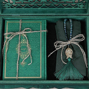 Ribbon Decorated Green Wooden Gift Box | Islamic Gift | Personalized Gift | Thermo Leather Quran | 99 Bead Tasbeeh | Shawl | Eid Gift