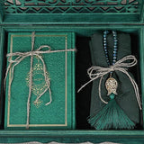 Ribbon Decorated Green Wooden Gift Box | Islamic Gift | Personalized Gift | Thermo Leather Quran | 99 Bead Tasbeeh | Shawl | Eid Gift