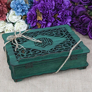 Ribbon Decorated Green Wooden Gift Box | Islamic Gift | Personalized Gift | Thermo Leather Quran | 99 Bead Tasbeeh | Shawl | Eid Gift