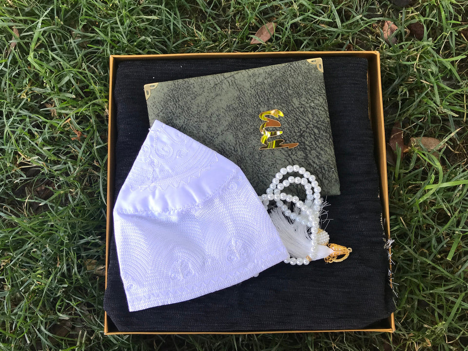 Personalized Black Ottoman Tile Gift Box | Kaaba Prayer Mat | Islamic Gift For Men | Graduation Gift | Pearl Tasbih | Kufi | Yaseen Gift Set