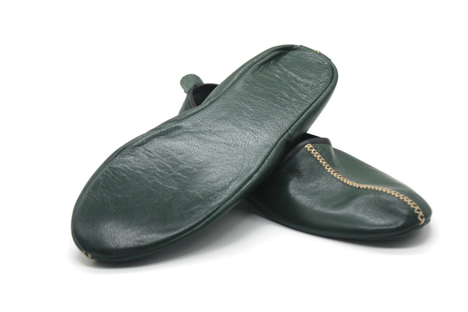 Genuine Leather Green Babouche Slippers Handmade from Soft Leather, Traditional babouche slippers, MENS traditional shoes, Home Shoes