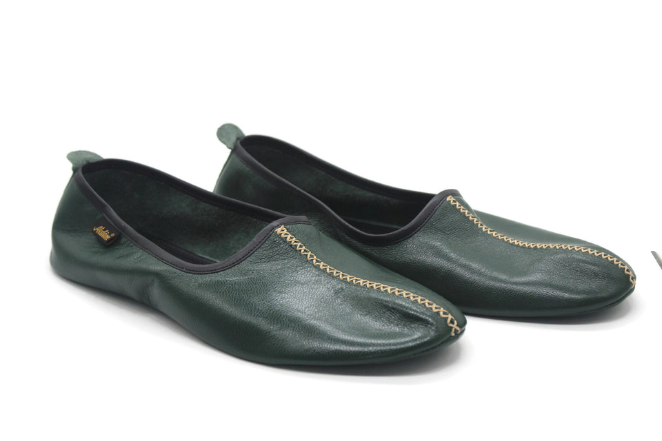 Genuine Leather Green Babouche Slippers Handmade from Soft Leather, Traditional babouche slippers, MENS traditional shoes, Home Shoes