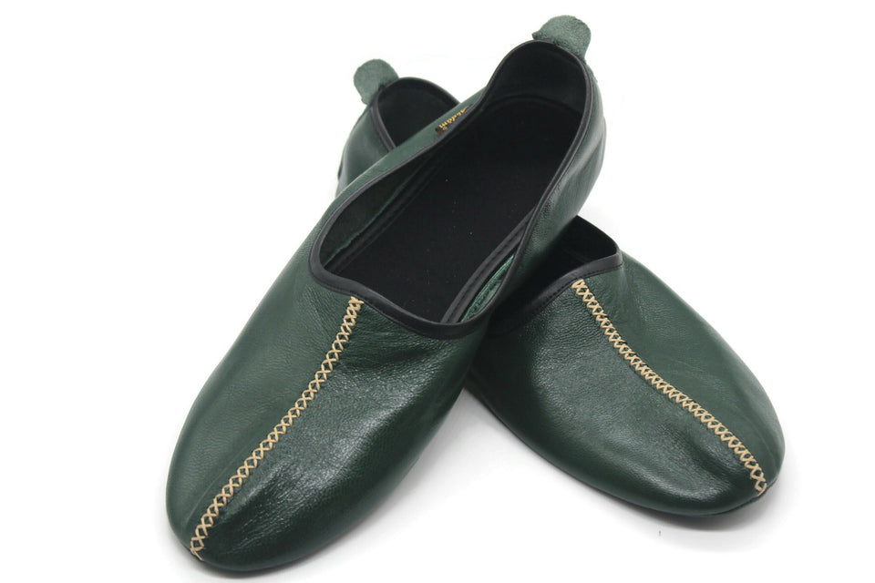Genuine Leather Green Babouche Slippers Handmade from Soft Leather, Traditional babouche slippers, MENS traditional shoes, Home Shoes