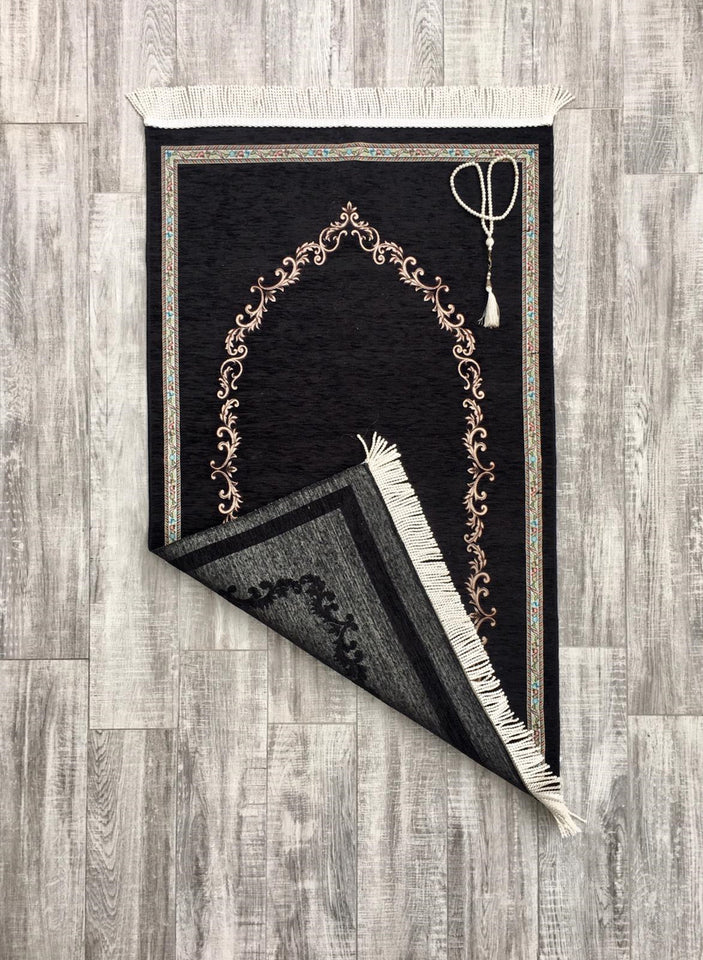 Premium Black Prayer Mat, Islamic Gift Set, Personalised Prayer Mat, Prayer Rug and Tasbih, Muslim Janamaz, Islamic Gift