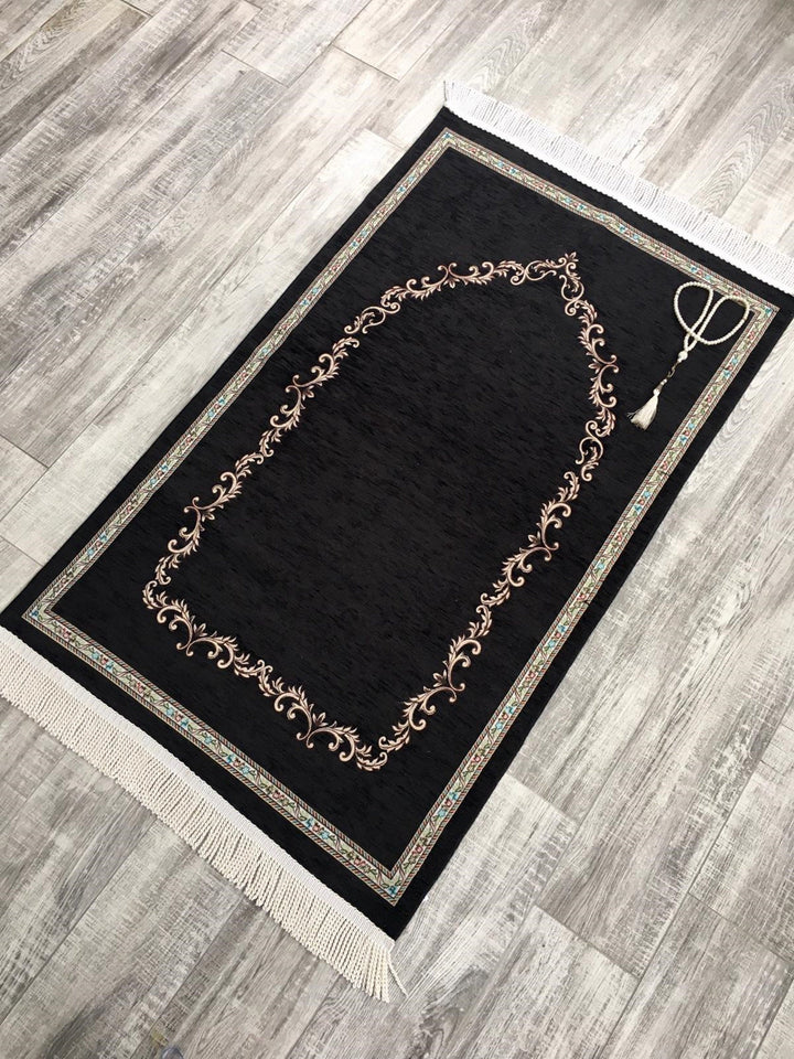 Premium Black Prayer Mat, Islamic Gift Set, Personalised Prayer Mat, Prayer Rug and Tasbih, Muslim Janamaz, Islamic Gift