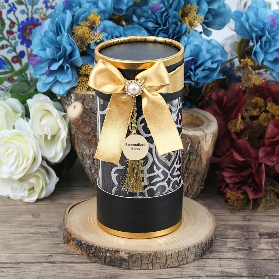Personalized Black Cylinder Islamic Gift Box | Kaaba Sajadah | 33 Bead Pearl  Tasbih Set | Islamic Gift | Personalized Gift | Unique Gift